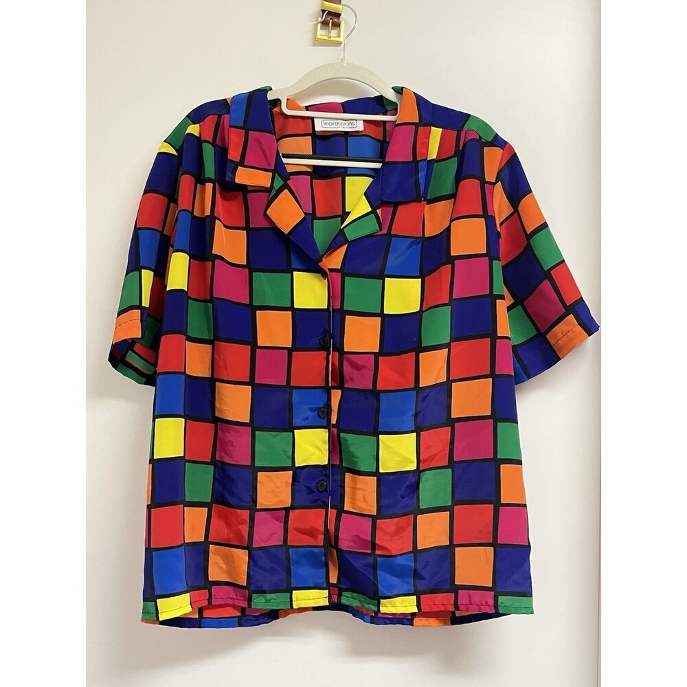 Impressions of California Vintage 90s Multi Color Short Sleeve Button Blouse M